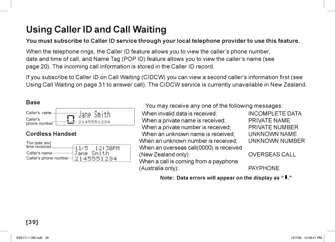 Uniden SSE17+1 manual Using Caller ID and Call Waiting, Cordless Handset 