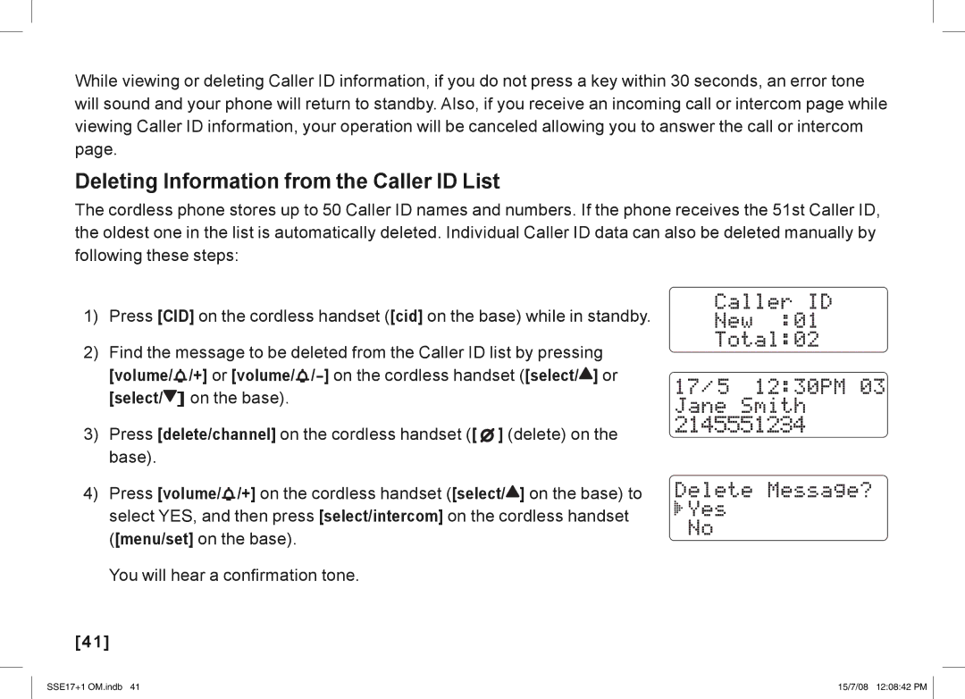 Uniden SSE17+1 manual Deleting Information from the Caller ID List 