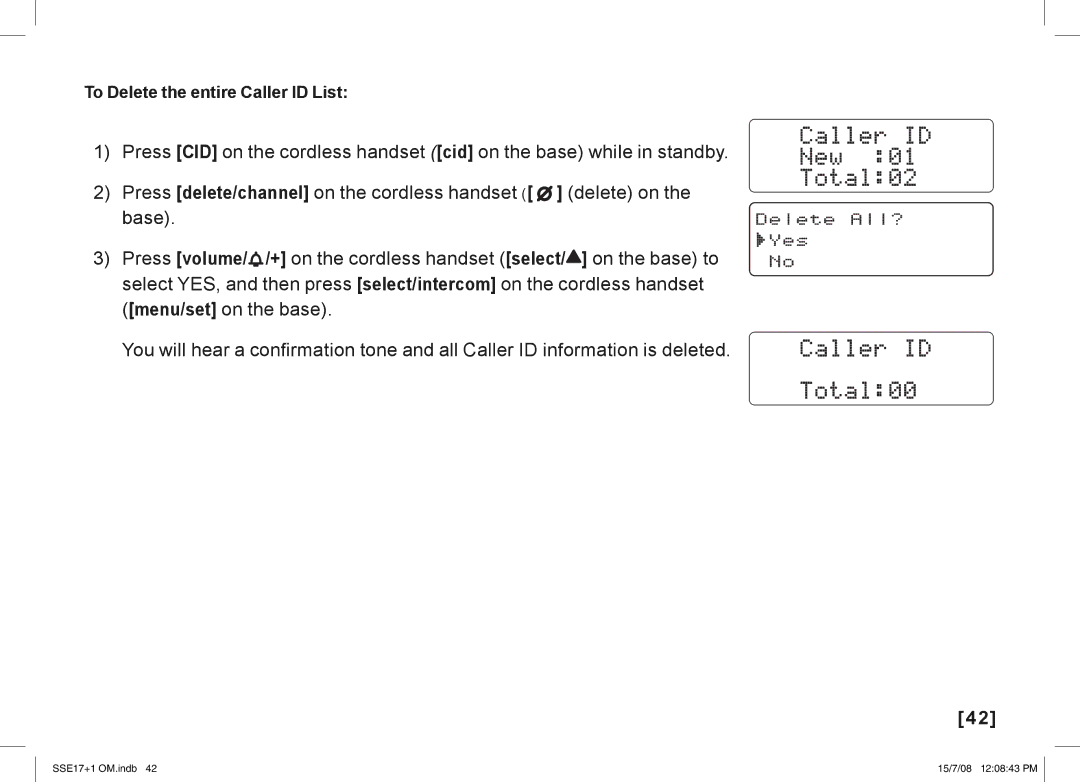 Uniden SSE17+1 manual To Delete the entire Caller ID List 