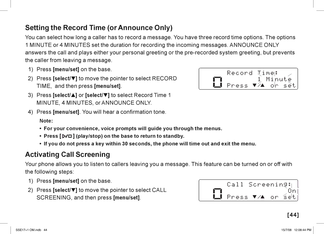 Uniden SSE17+1 manual Setting the Record Time or Announce Only, Activating Call Screening 