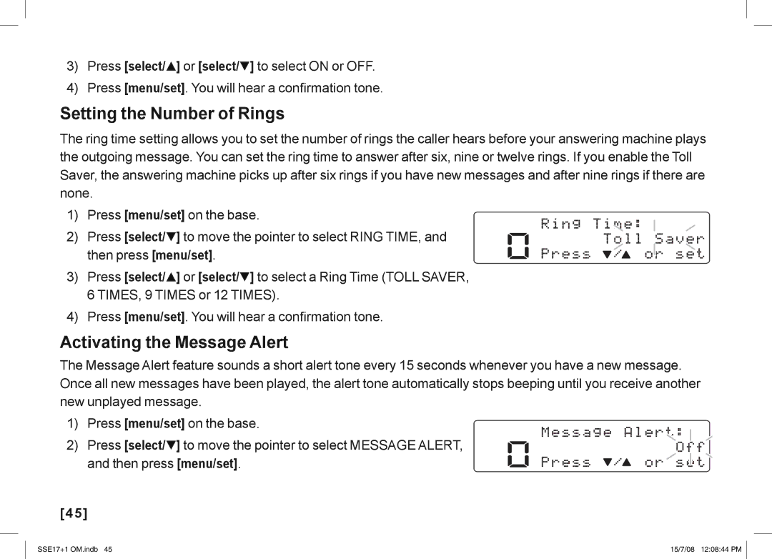 Uniden SSE17+1 manual Setting the Number of Rings, Activating the Message Alert 