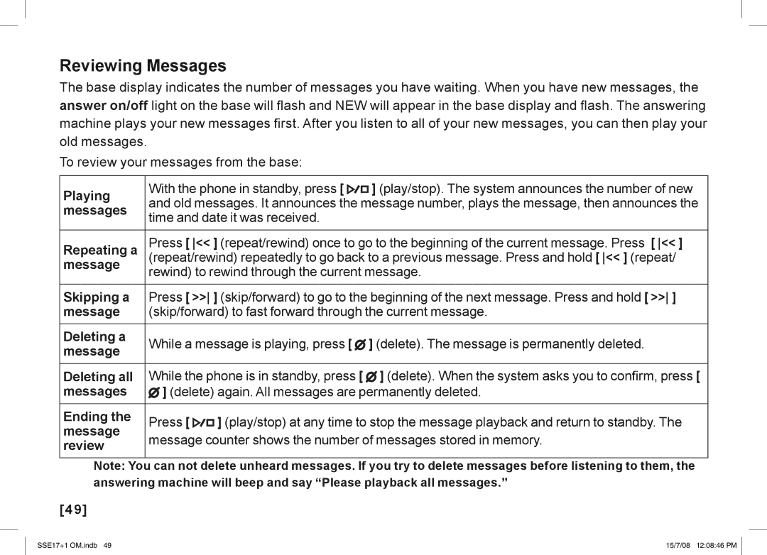 Uniden SSE17+1 manual Reviewing Messages 