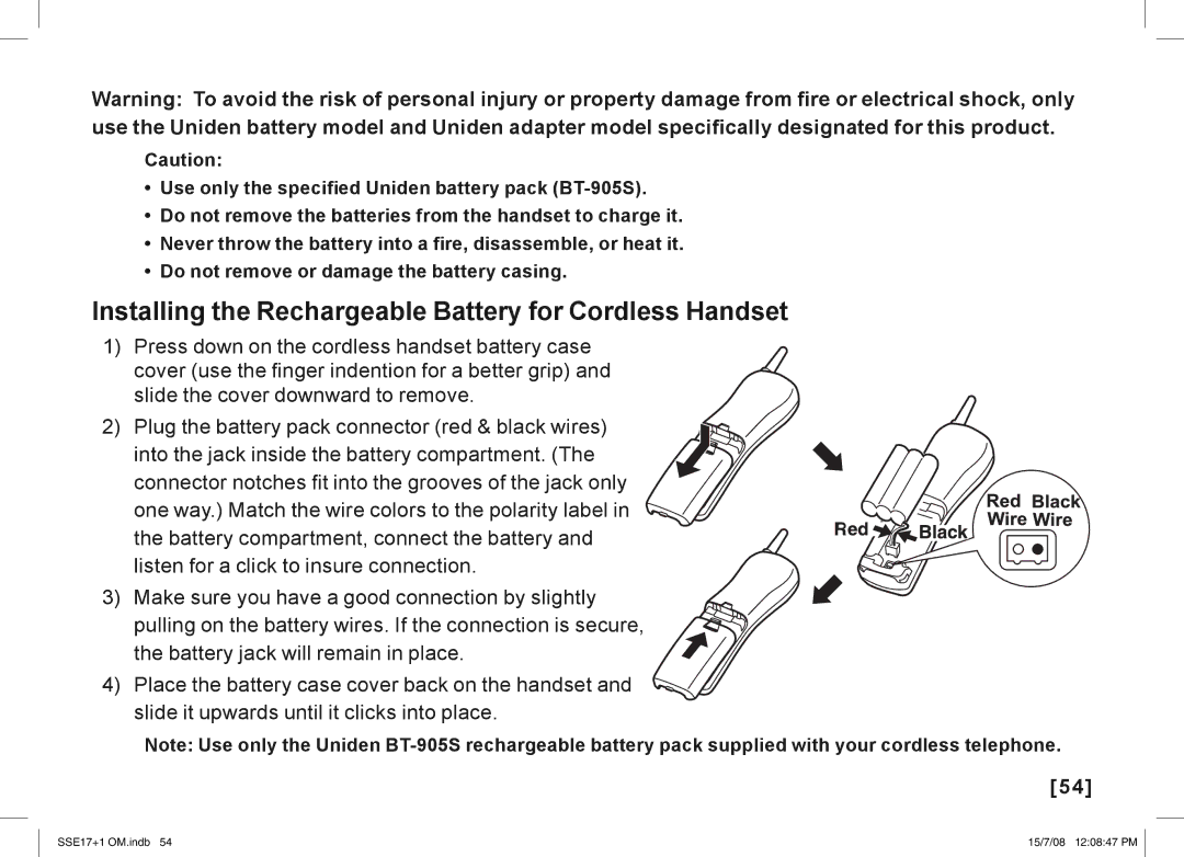 Uniden SSE17+1 manual Installing the Rechargeable Battery for Cordless Handset 