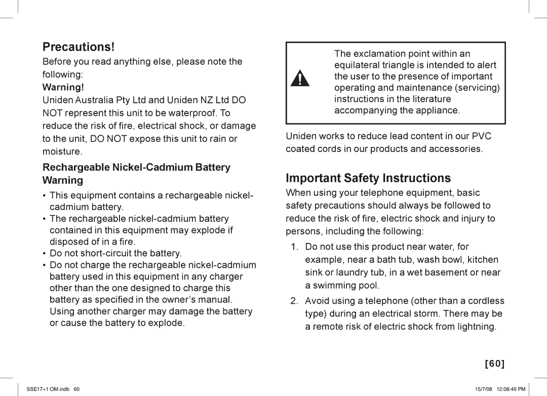 Uniden SSE17+1 manual Precautions, Important Safety Instructions, Rechargeable Nickel-Cadmium Battery Warning 