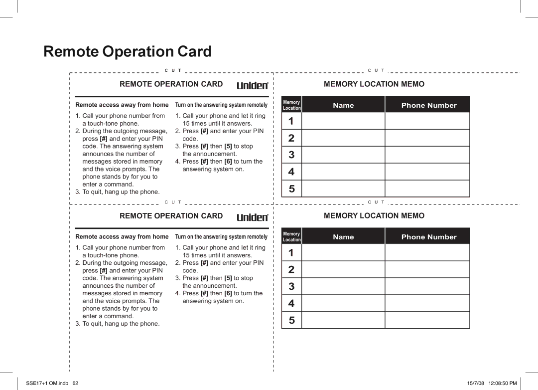 Uniden SSE17+1 manual Remote Operation Card Memory Location Memo 