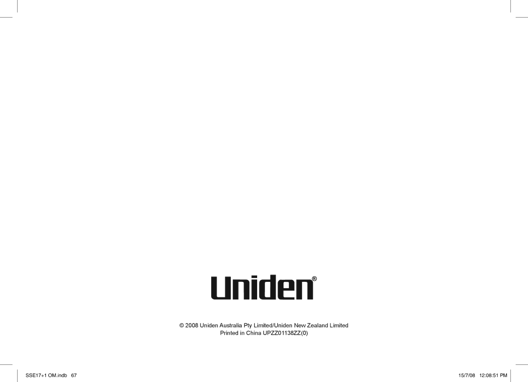 Uniden SSE17+1 manual Uniden Australia Pty Limited/Uniden New Zealand Limited 