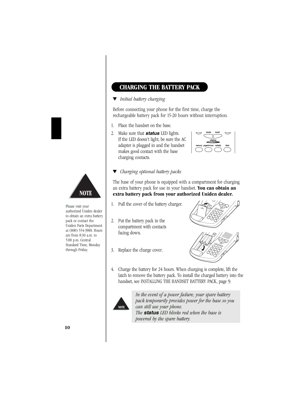 Uniden T H E E X S 9 9 6 6 manual Charging the Battery Pack, Initial battery charging, Charging optional battery packs 