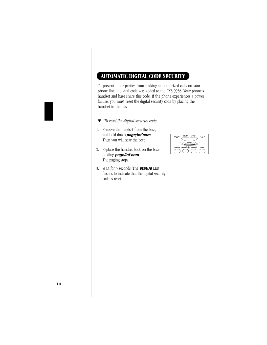 Uniden T H E E X S 9 9 6 6 manual Automatic Digital Code Security, Handset in the base, To reset the digital security code 