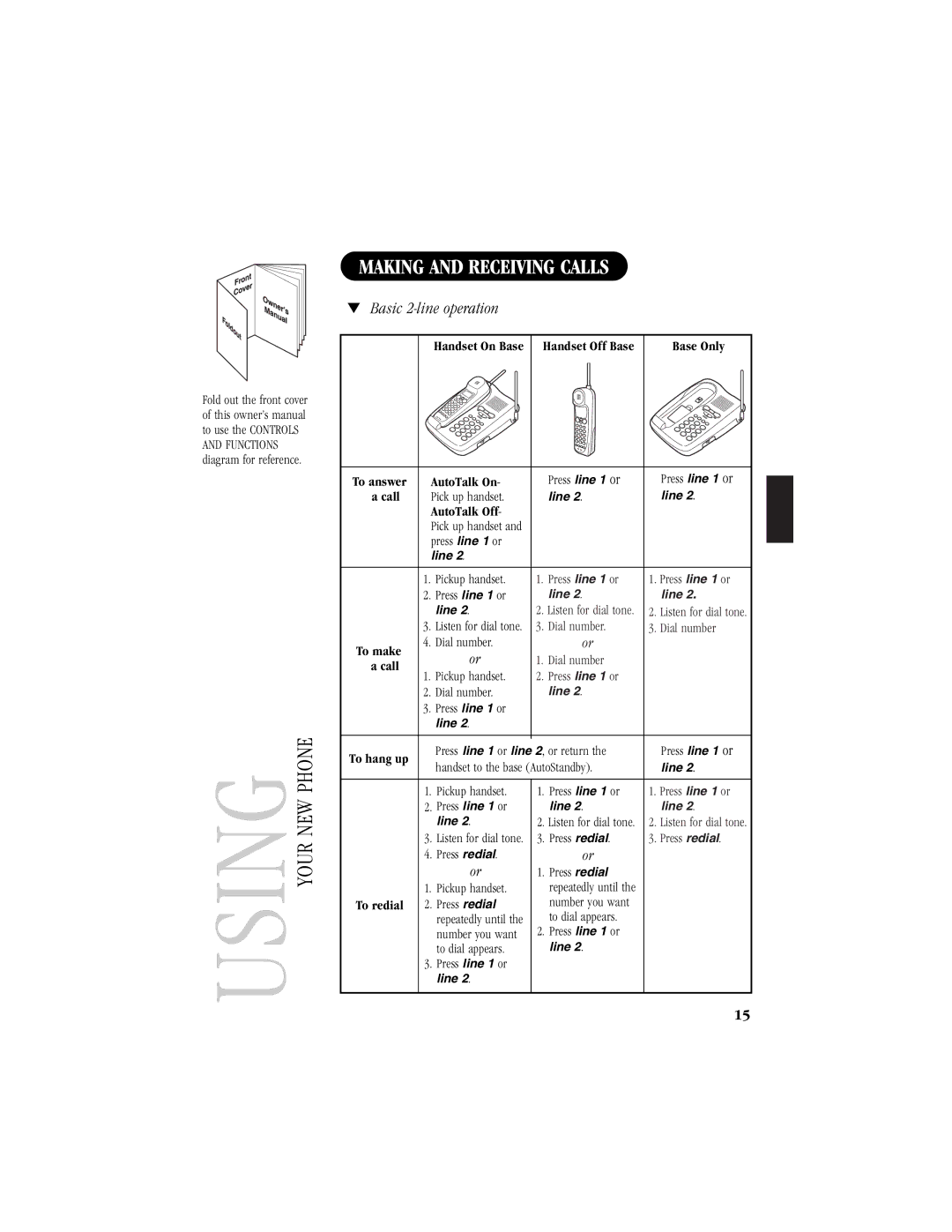 Uniden T H E E X S 9 9 6 6 manual Making and Receiving Calls, Basic 2-line operation 