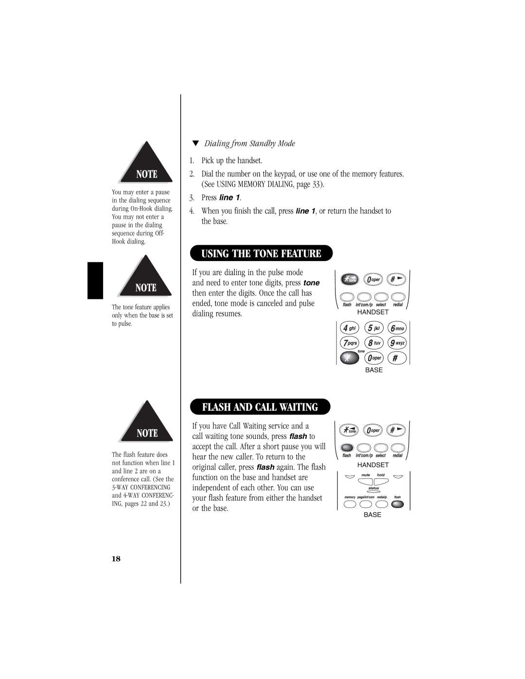 Uniden T H E E X S 9 9 6 6 manual Using the Tone Feature, Flash and Call Waiting, Dialing from Standby Mode 