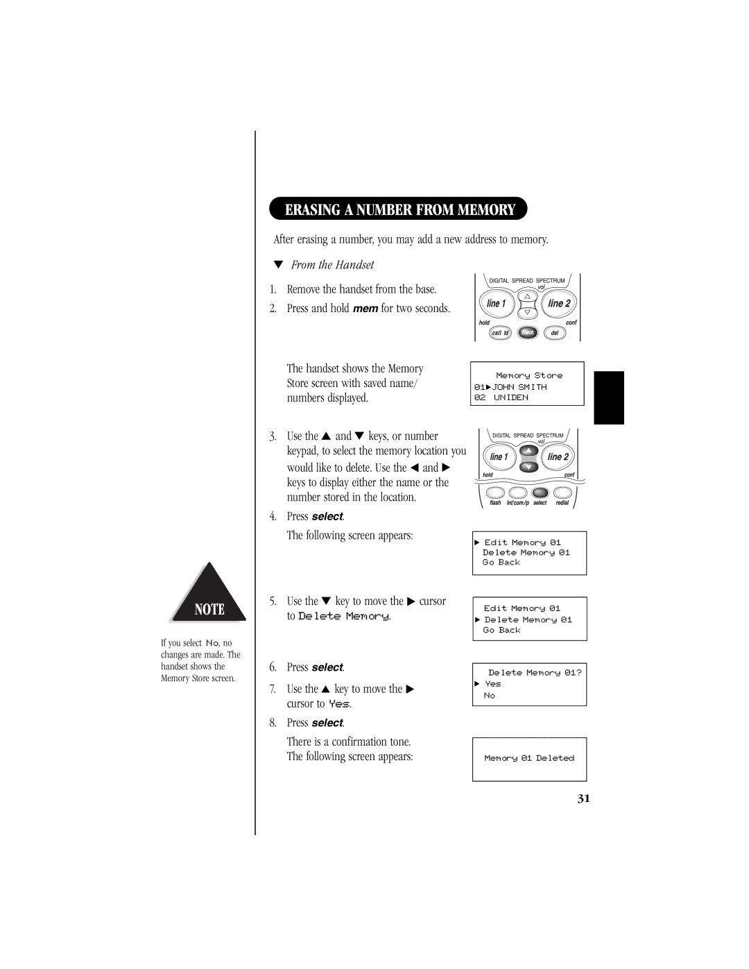 Uniden T H E E X S 9 9 6 6 manual Erasing a Number from Memory, From the Handset 