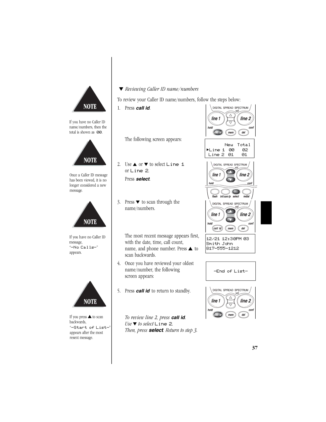 Uniden T H E E X S 9 9 6 6 manual Reviewing Caller ID name/numbers 