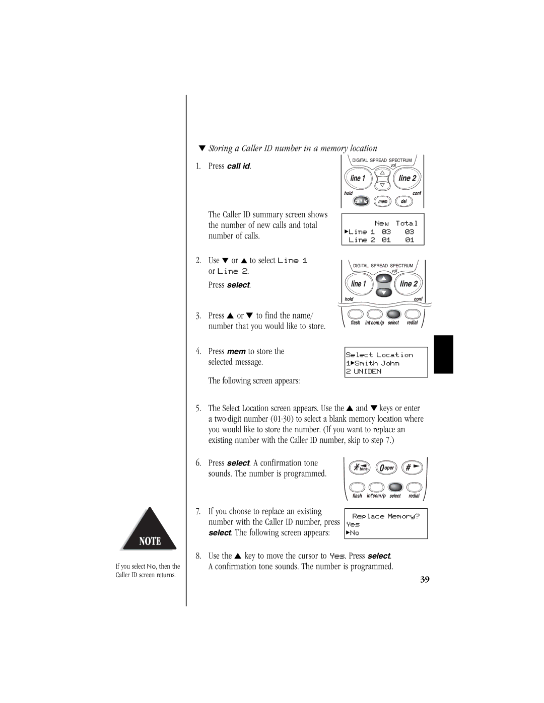 Uniden T H E E X S 9 9 6 6 manual Storing a Caller ID number in a memory location, Press mem to store the selected message 