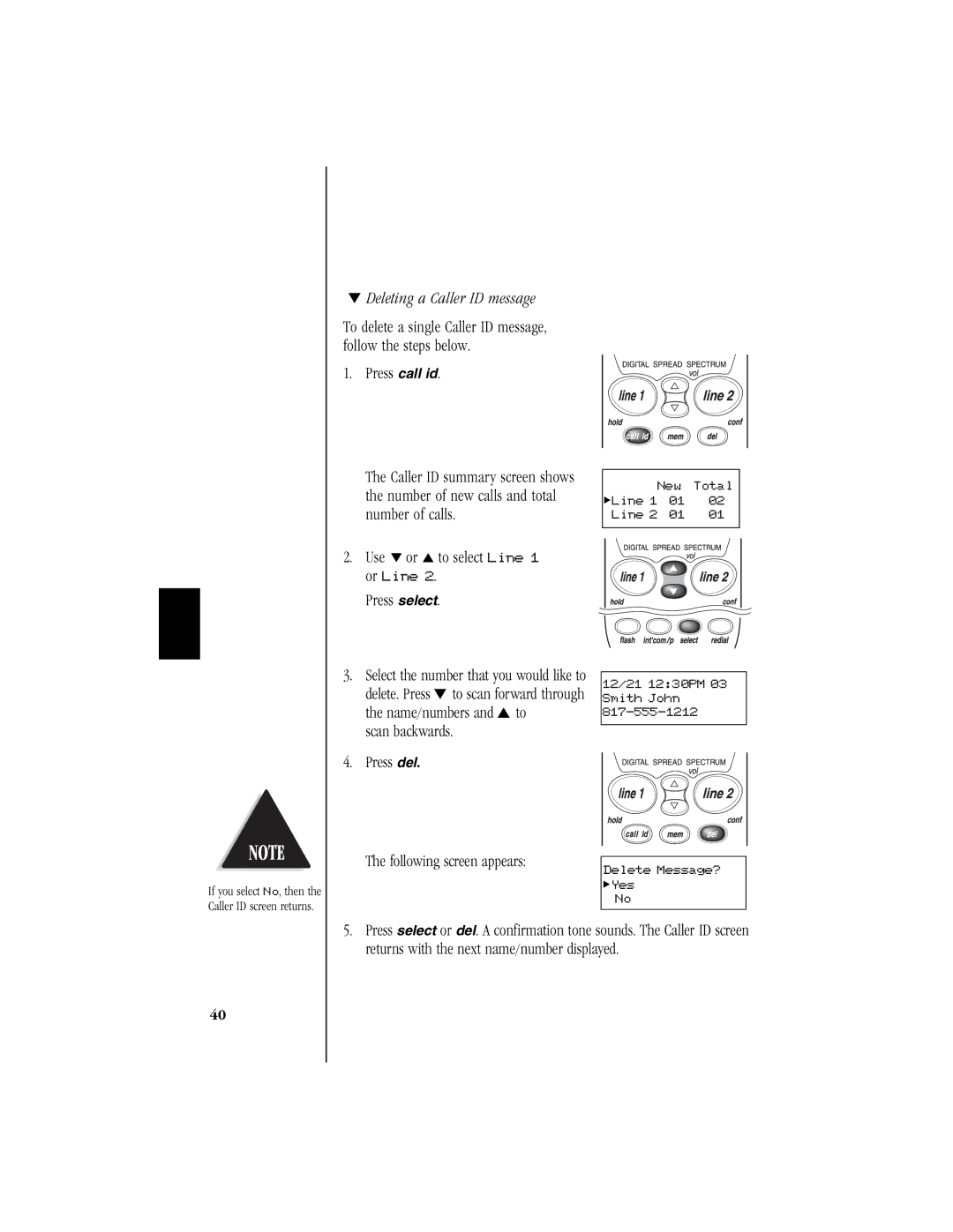 Uniden T H E E X S 9 9 6 6 manual Deleting a Caller ID message, Scan backwards Press del Following screen appears 