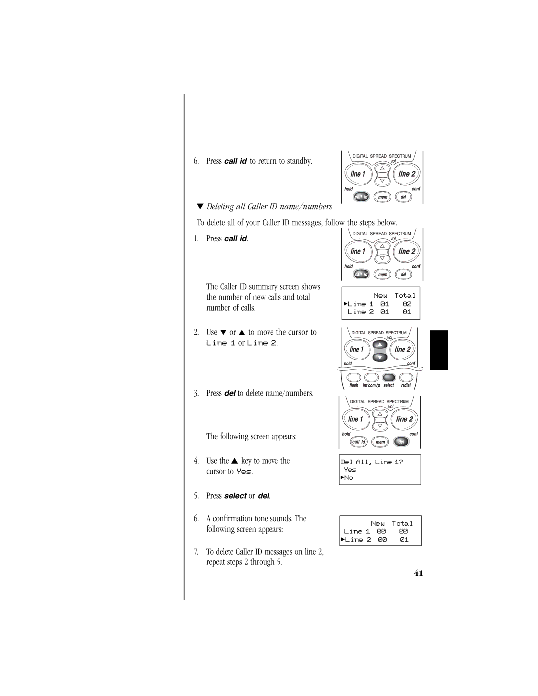 Uniden T H E E X S 9 9 6 6 manual Press call id to return to standby, Deleting all Caller ID name/numbers 