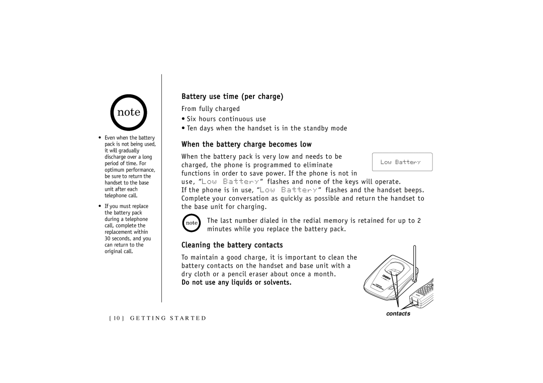 Uniden T R U 346 Battery use time per charge, When the battery charge becomes low, Cleaning the battery contacts 