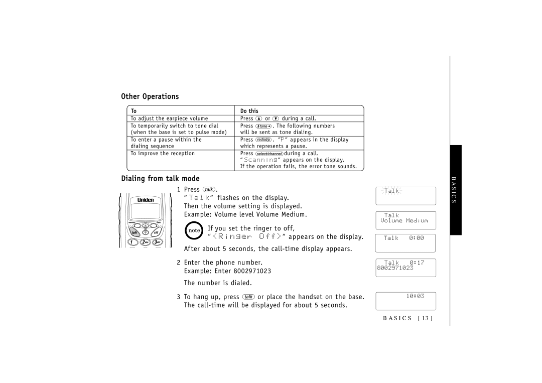 Uniden T R U 346 owner manual Other Operations, Dialing from talk mode 