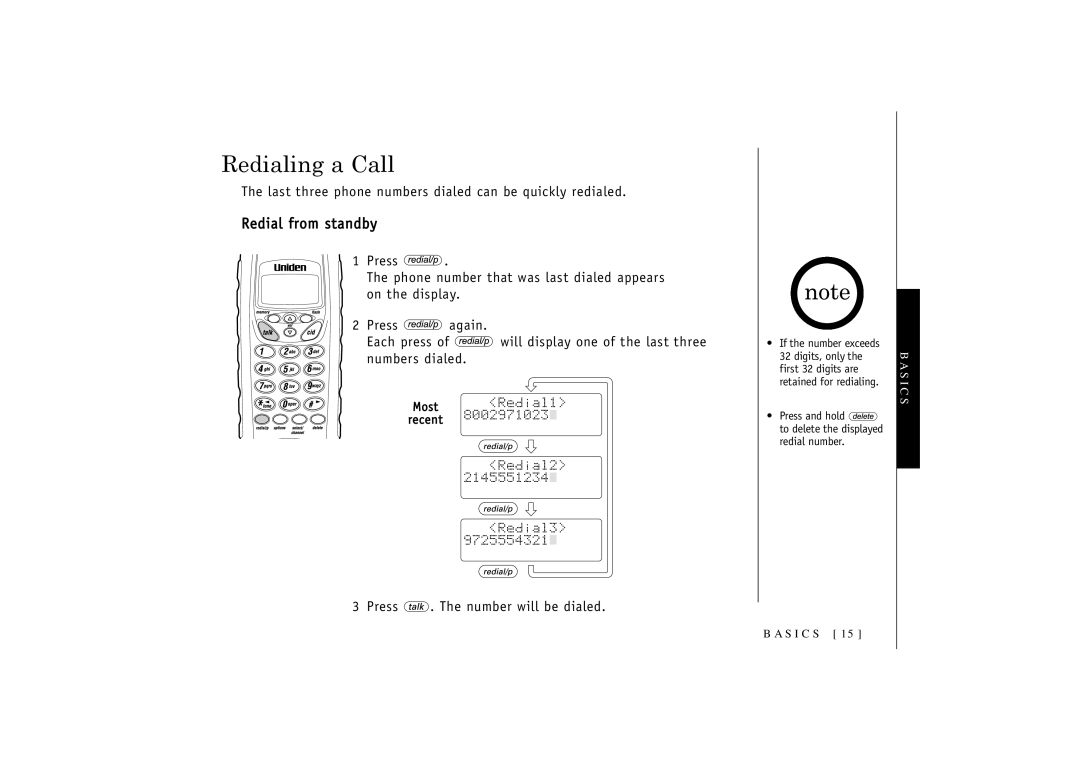 Uniden T R U 346 owner manual Redialing a Call, Redial from standby 