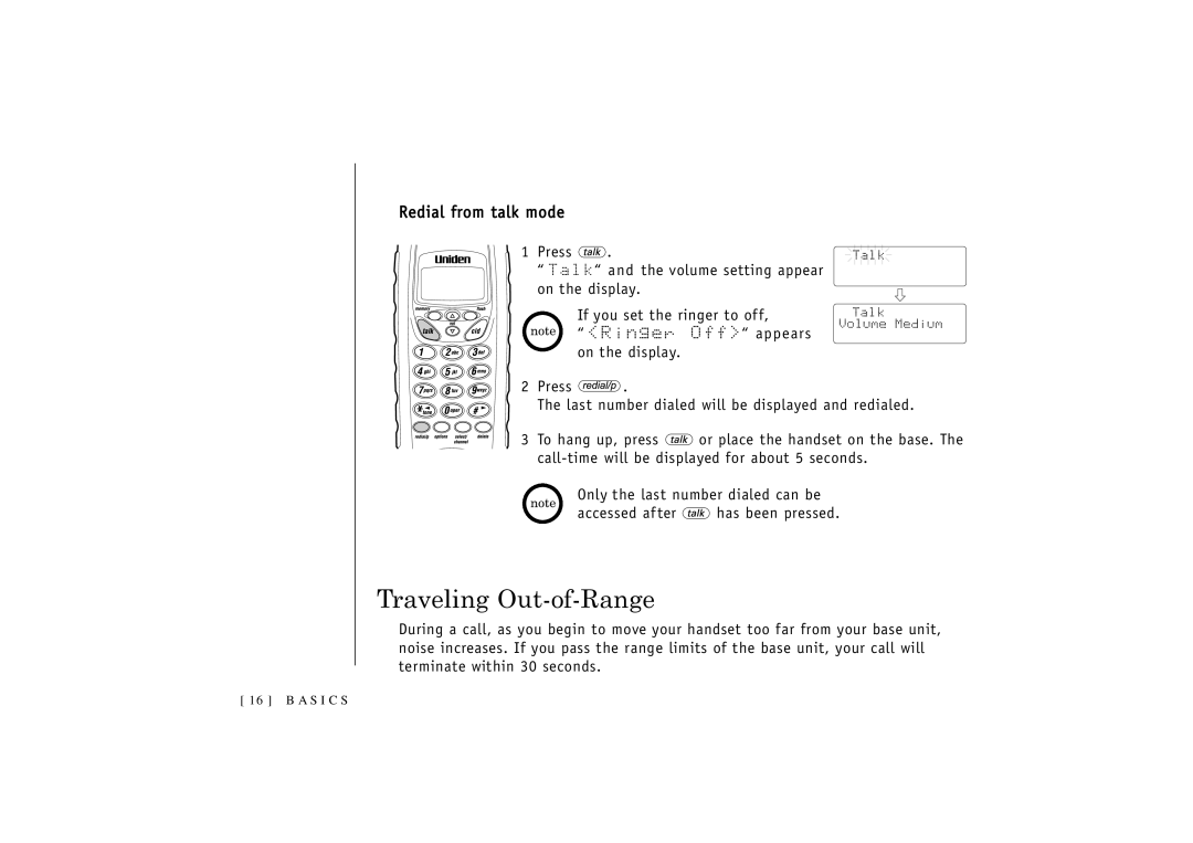 Uniden T R U 346 owner manual Traveling Out-of-Range, Redial from talk mode 