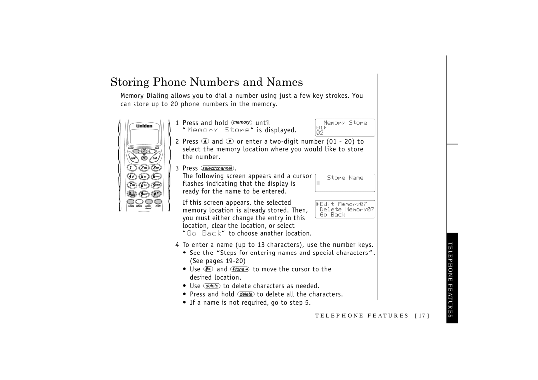 Uniden T R U 346 owner manual Storing Phone Numbers and Names 