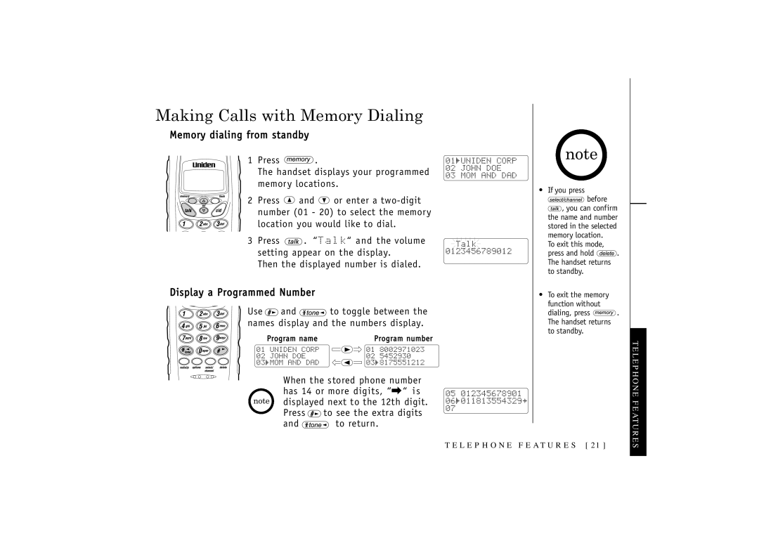 Uniden T R U 346 owner manual Making Calls with Memory Dialing, Memory dialing from standby, Display a Programmed Number 