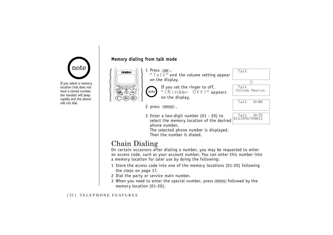 Uniden T R U 346 owner manual Chain Dialing, Memory dialing from talk mode 