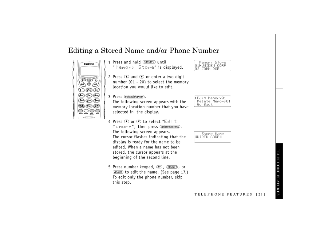 Uniden T R U 346 owner manual Editing a Stored Name and/or Phone Number 