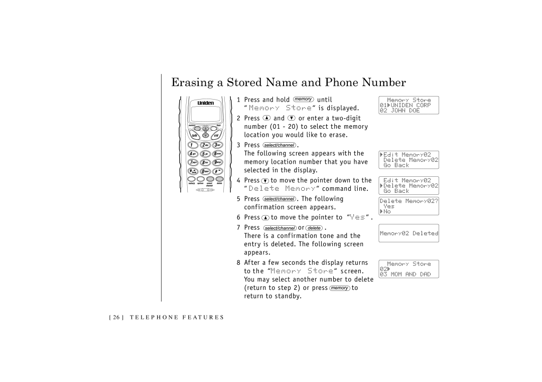 Uniden T R U 346 owner manual Erasing a Stored Name and Phone Number 