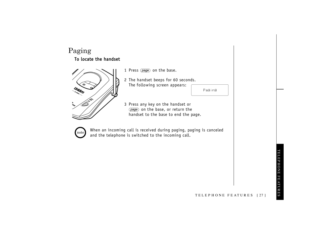 Uniden T R U 346 owner manual Paging, To locate the handset 