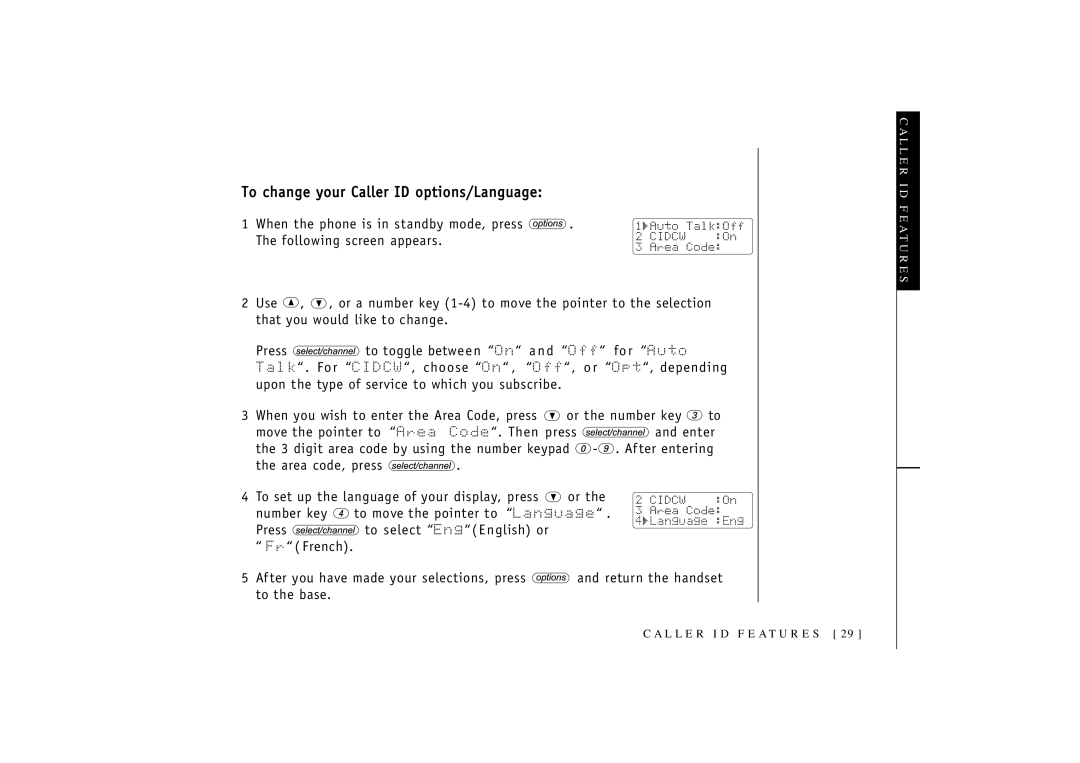 Uniden T R U 346 owner manual To change your Caller ID options/Language, Caller ID Features 