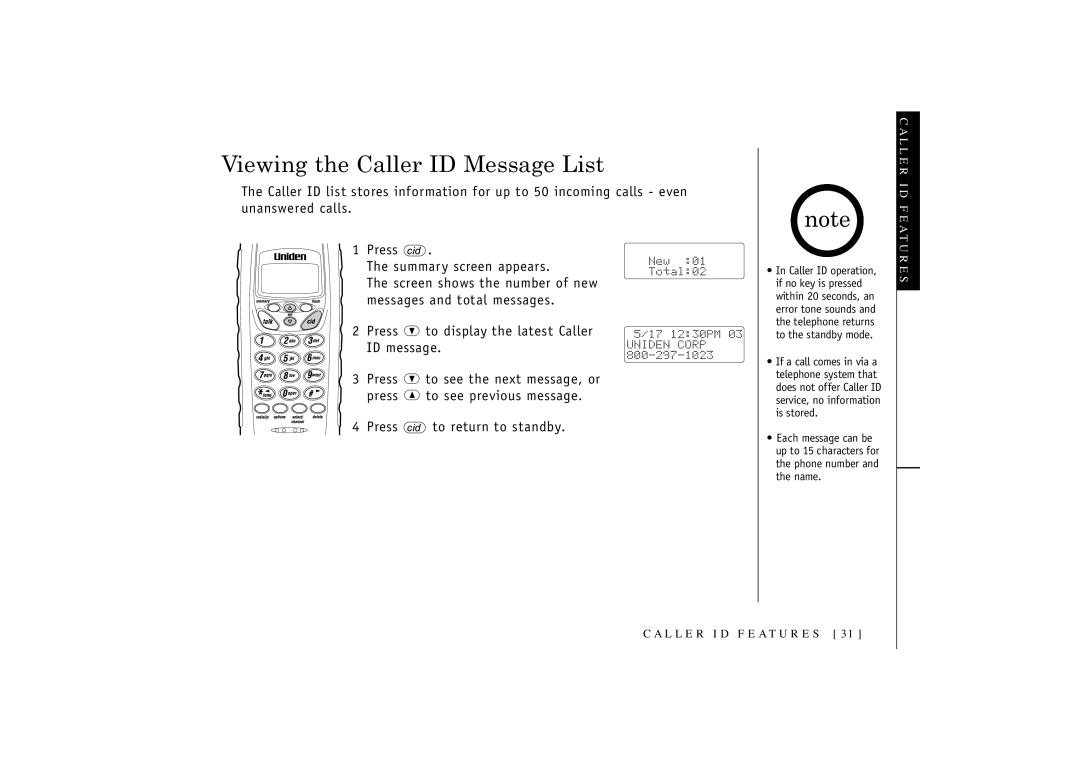 Uniden T R U 346 owner manual Viewing the Caller ID Message List 