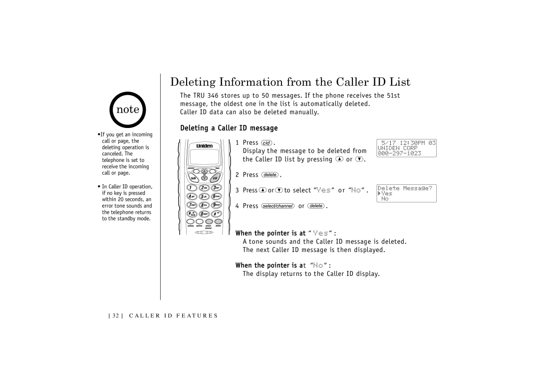 Uniden T R U 346 owner manual Deleting Information from the Caller ID List, Deleting a Caller ID message 