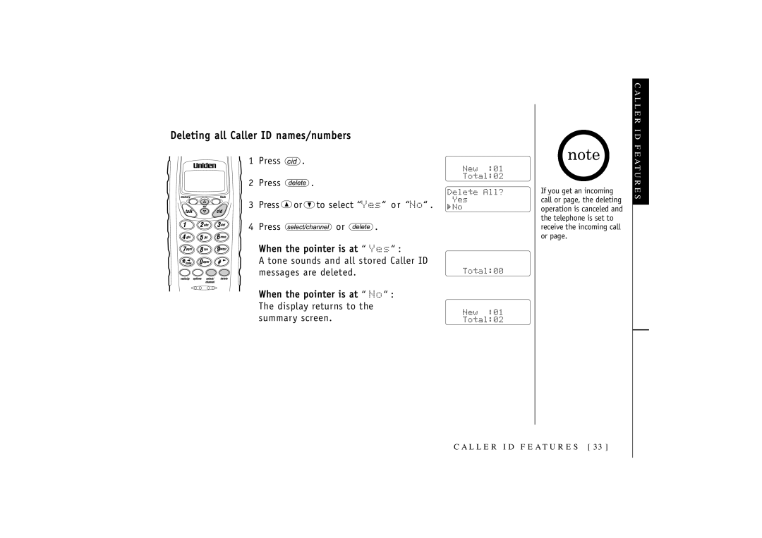 Uniden T R U 346 owner manual Deleting all Caller ID names/numbers 