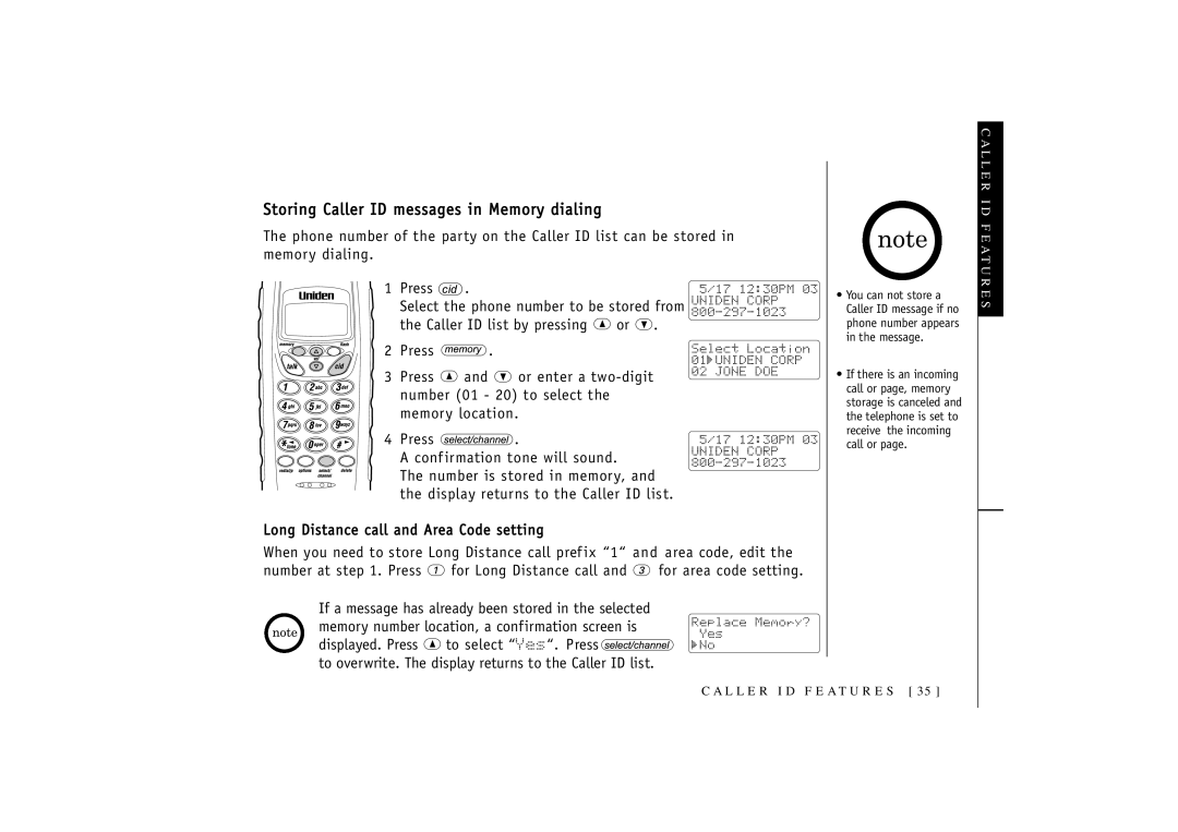 Uniden T R U 346 owner manual Storing Caller ID messages in Memory dialing 