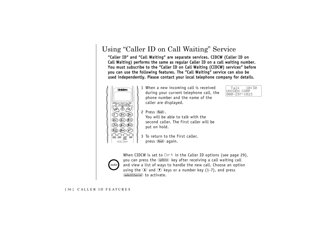 Uniden T R U 346 owner manual Using Caller ID on Call Waiting Service 