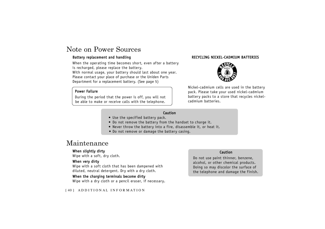 Uniden T R U 346 owner manual Maintenance 