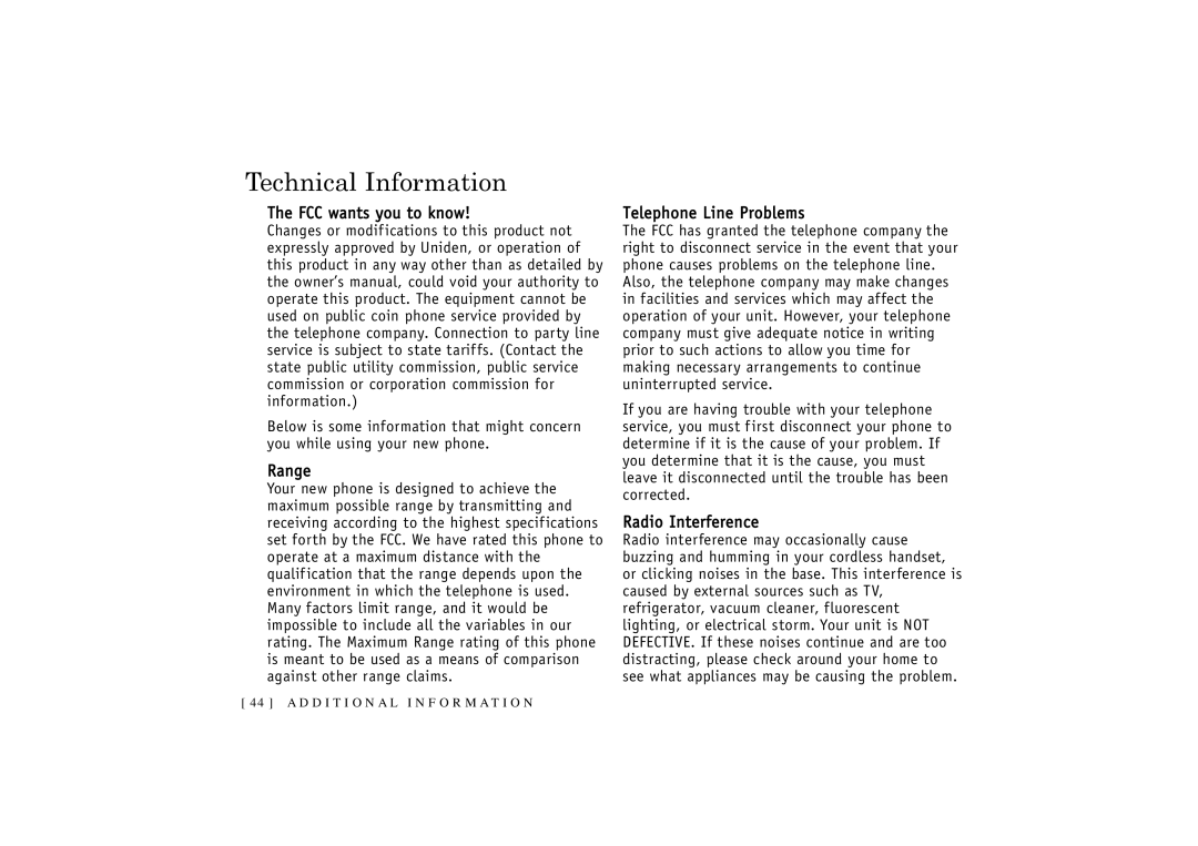 Uniden T R U 346 Technical Information, FCC wants you to know, Range, Telephone Line Problems, Radio Interference 