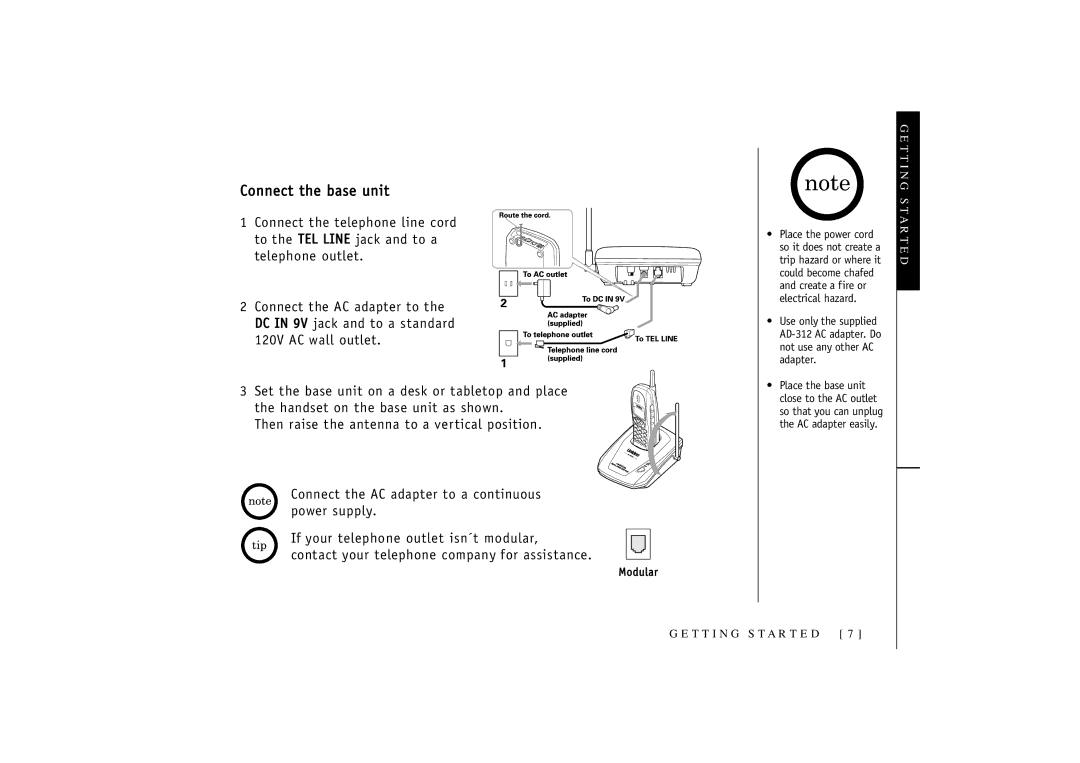 Uniden T R U 346 owner manual Connect the base unit 