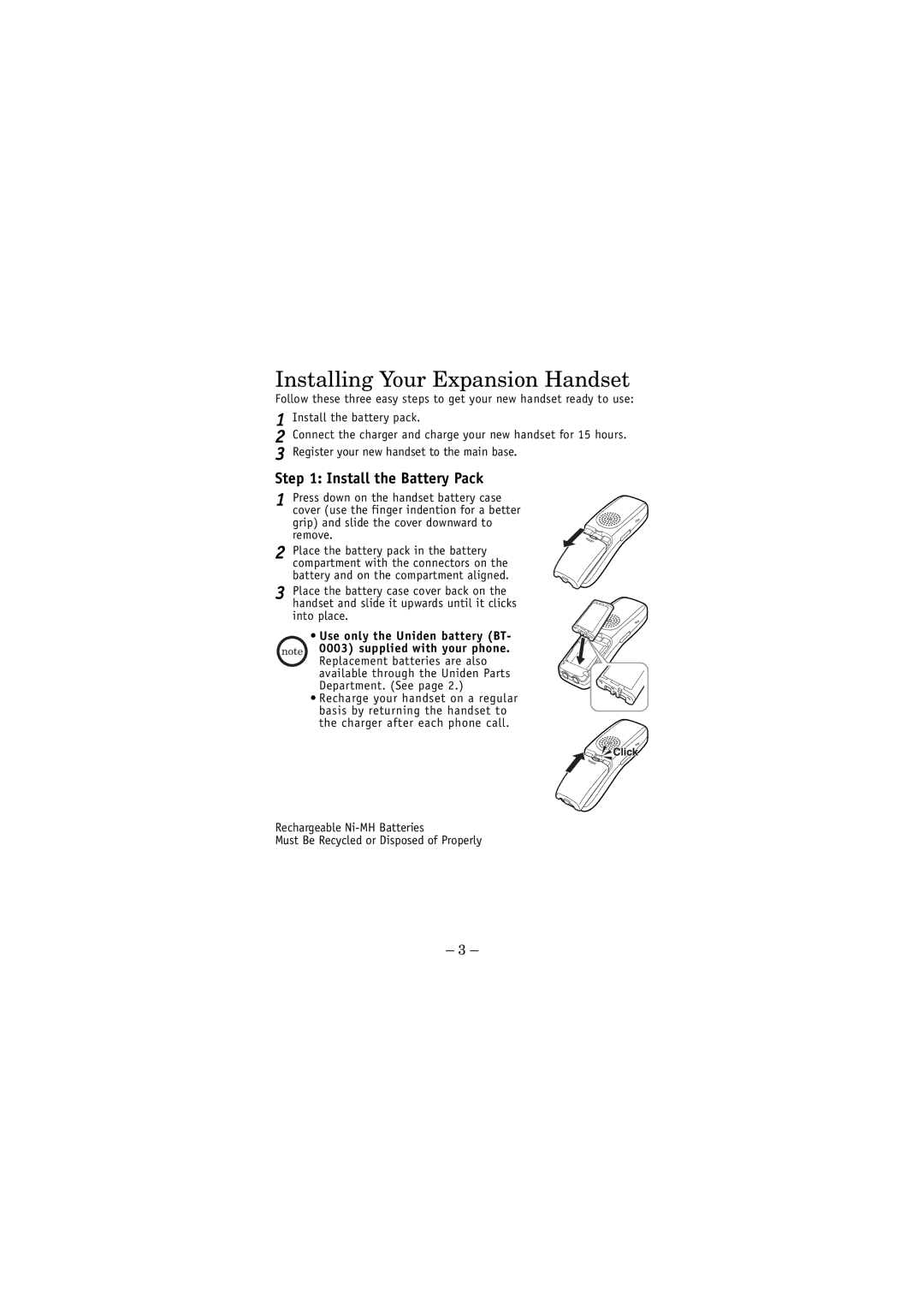 Uniden TCX4 owner manual Installing Your Expansion Handset, Install the Battery Pack 