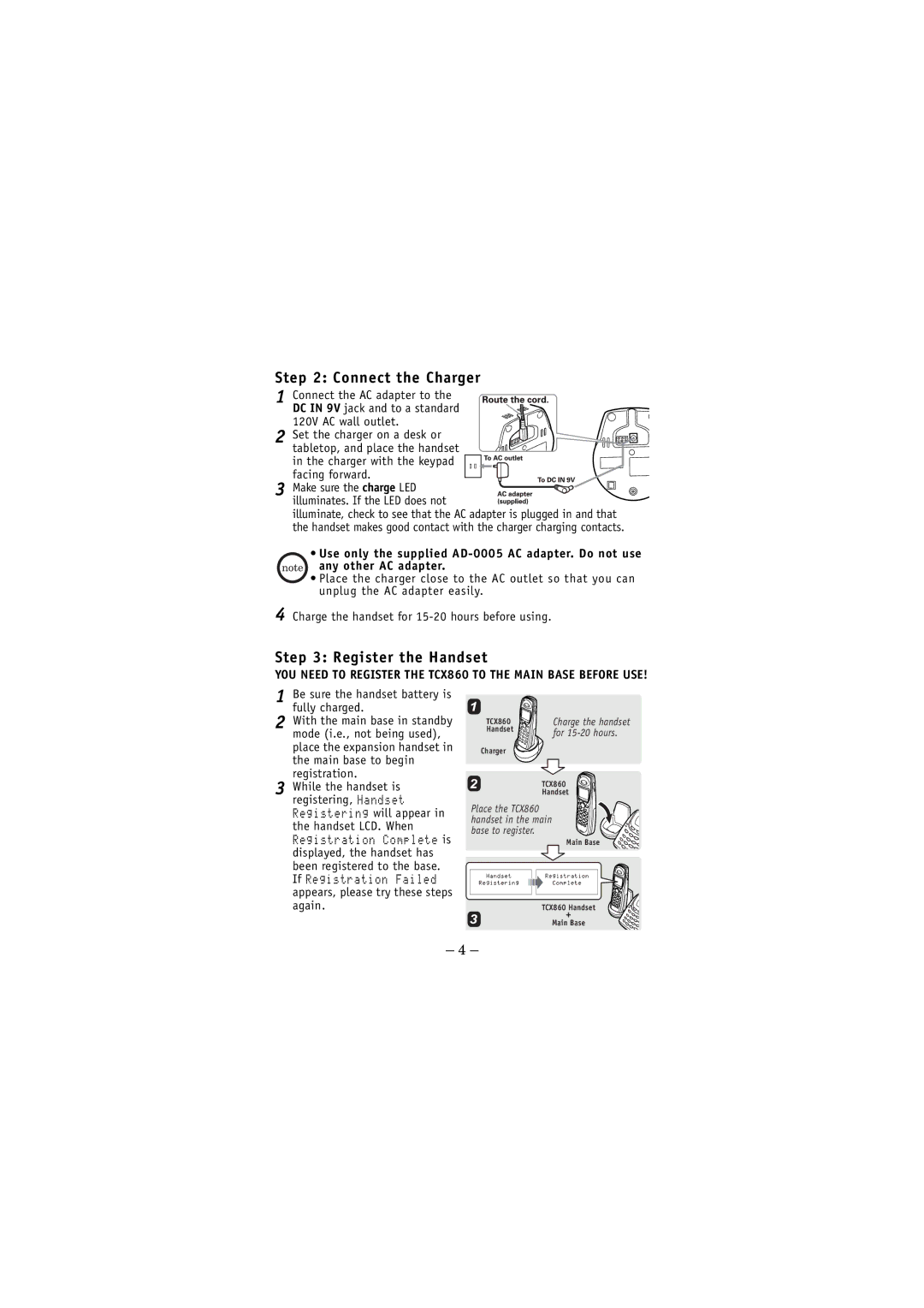 Uniden TCX860 owner manual Connect the Charger, Register the Handset 