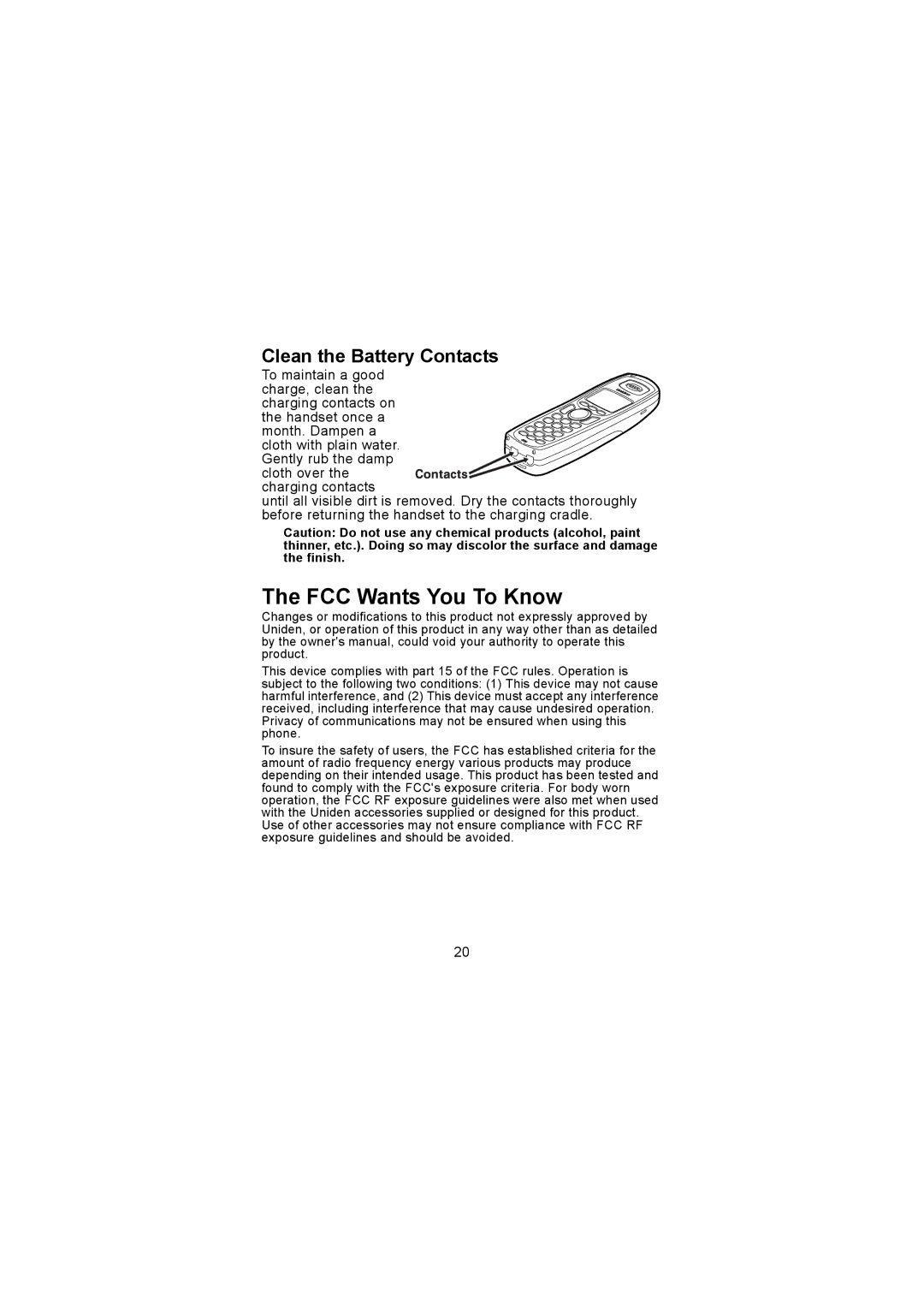 Uniden TCX905 manual FCC Wants You To Know, Clean the Battery Contacts 