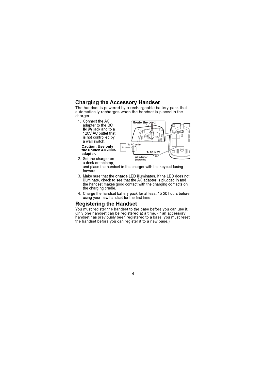 Uniden TCX905 manual Charging the Accessory Handset, Registering the Handset 