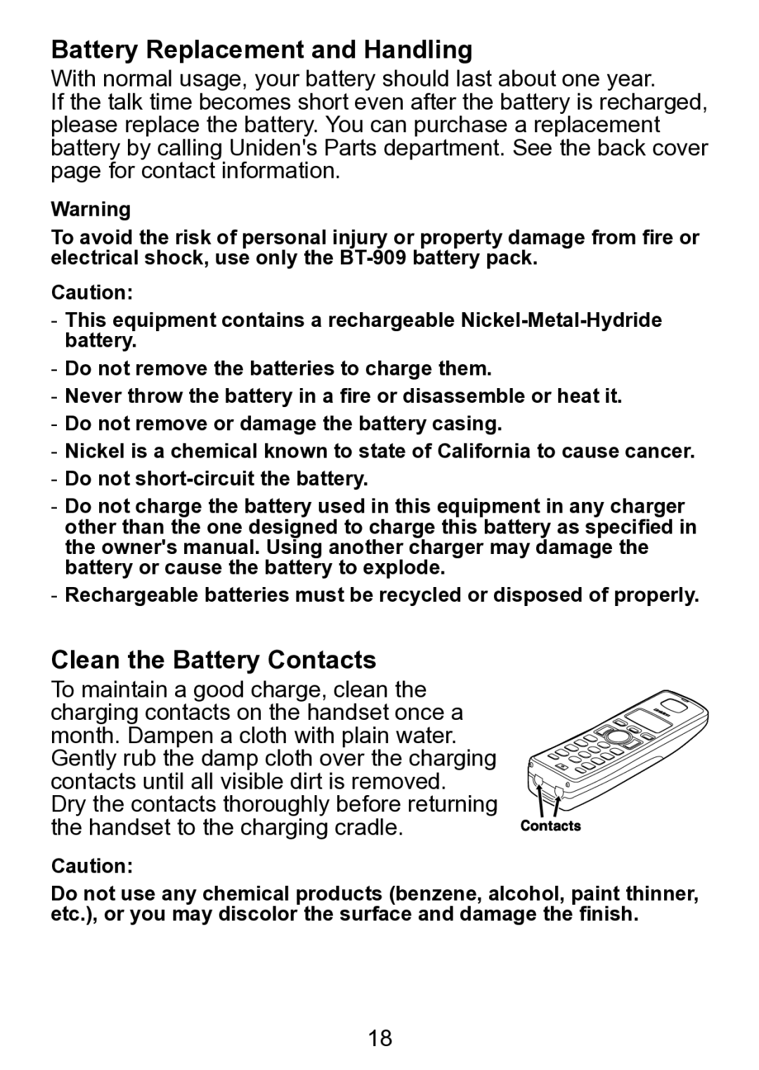 Uniden TCX930 manual Battery Replacement and Handling, Clean the Battery Contacts 