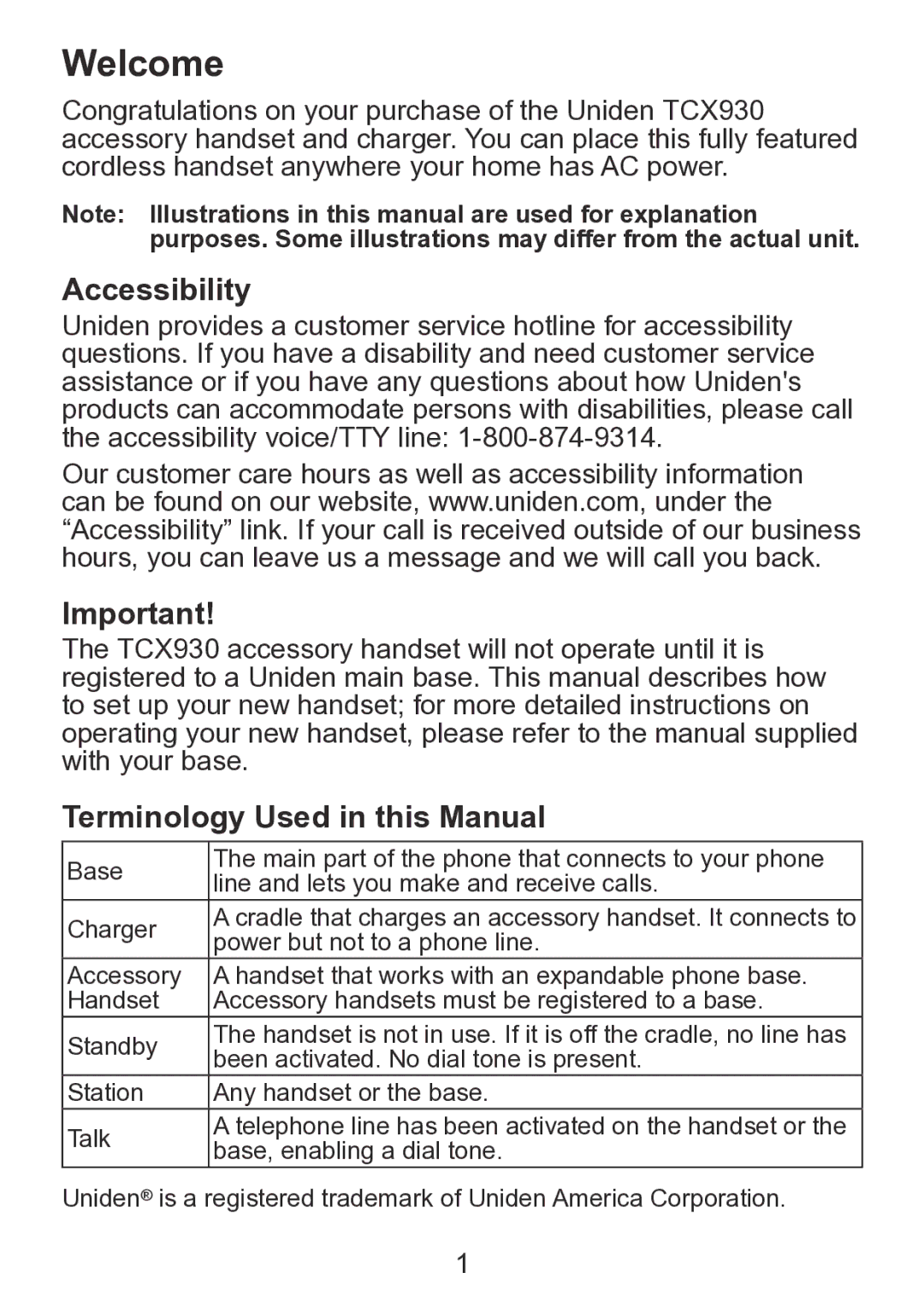 Uniden TCX930 manual Welcome, Accessibility, Terminology Used in this Manual 