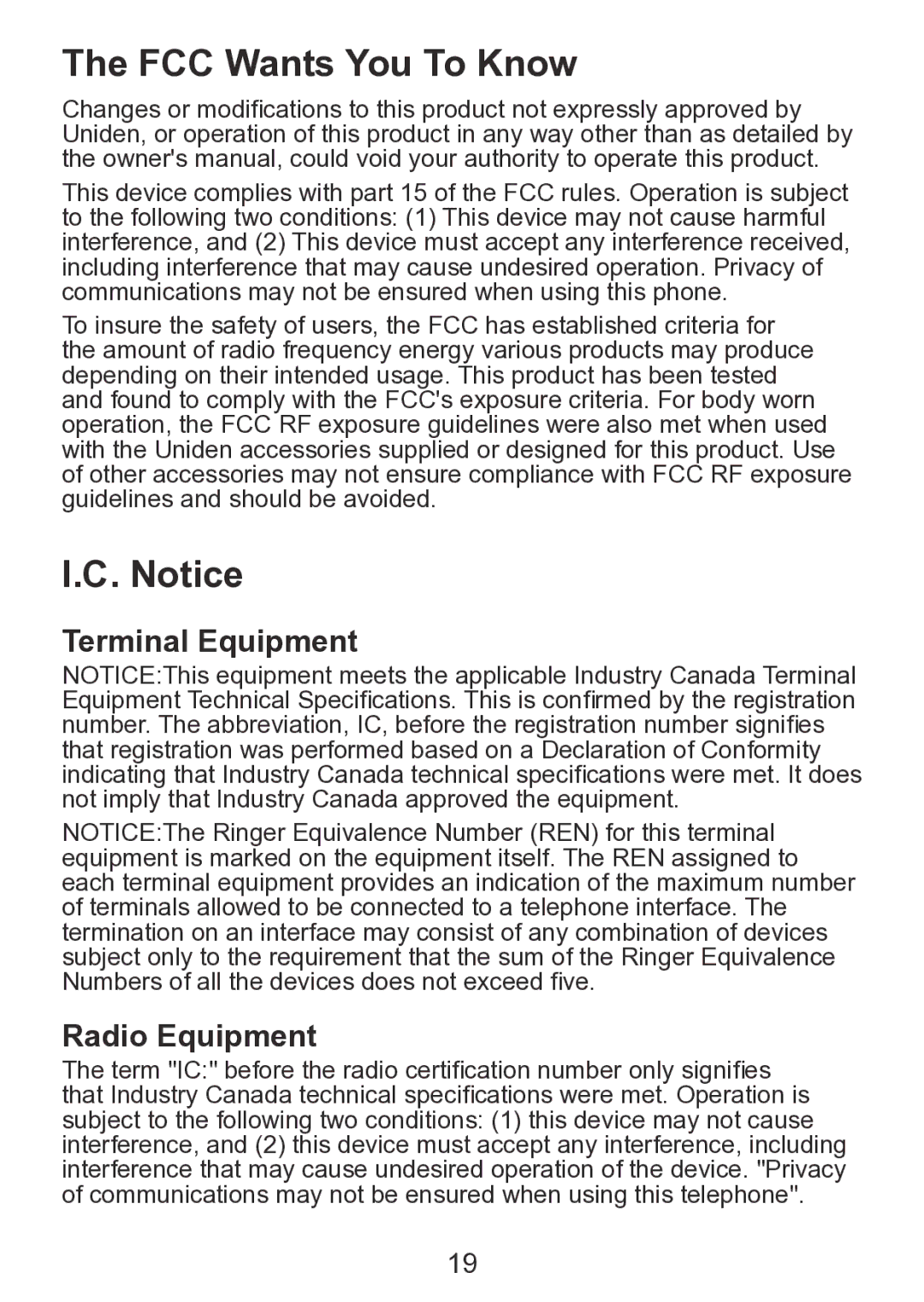 Uniden TCX930 manual FCC Wants You To Know, Terminal Equipment Radio Equipment 