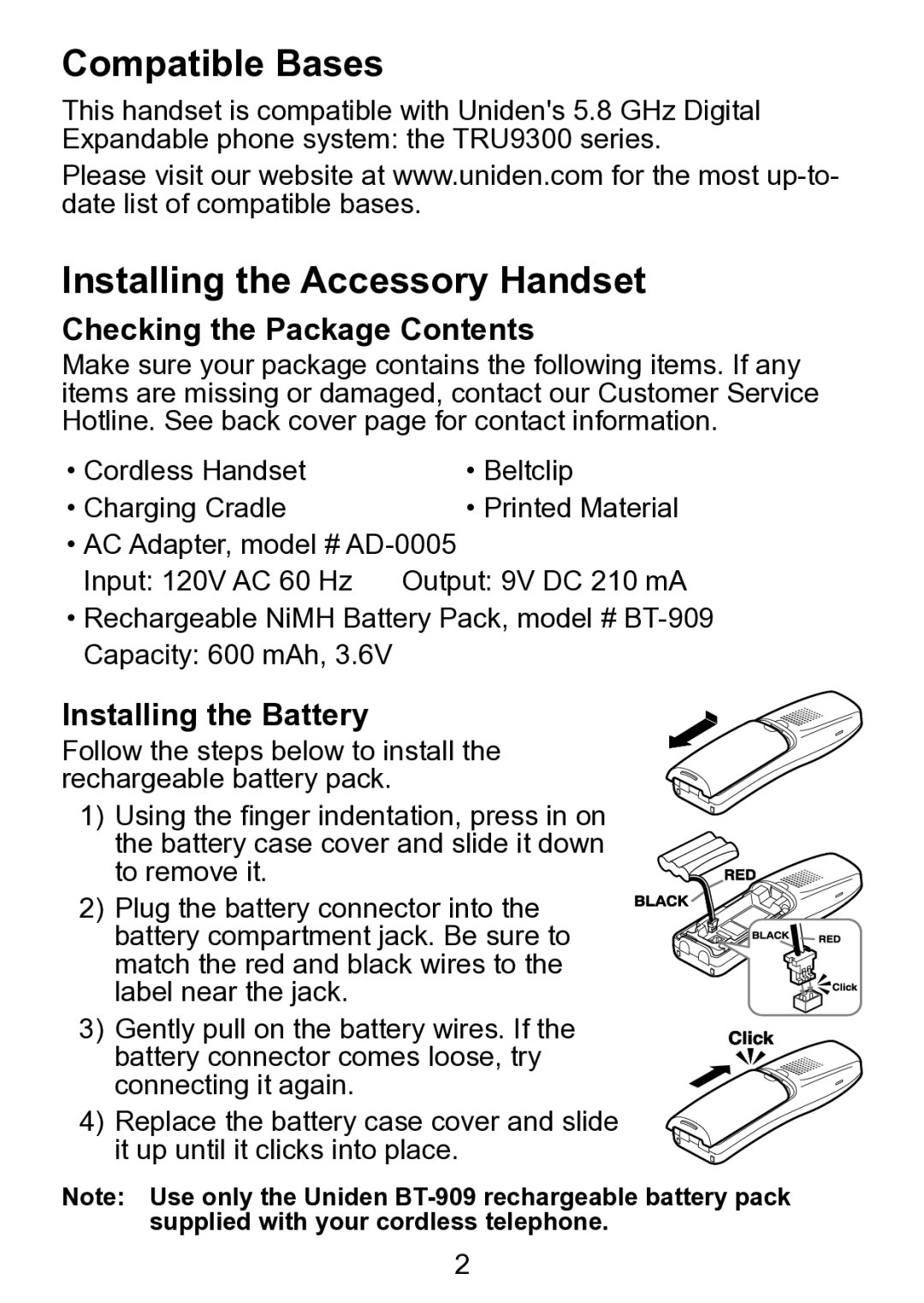 Uniden TCX930 Compatible Bases, Installing the Accessory Handset, Checking the Package Contents, Installing the Battery 