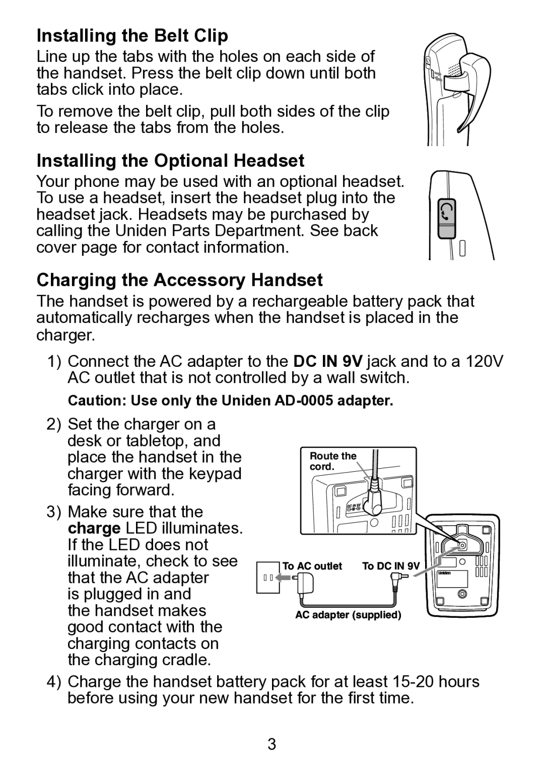 Uniden TCX930 manual Installing the Belt Clip, Installing the Optional Headset, Charging the Accessory Handset 