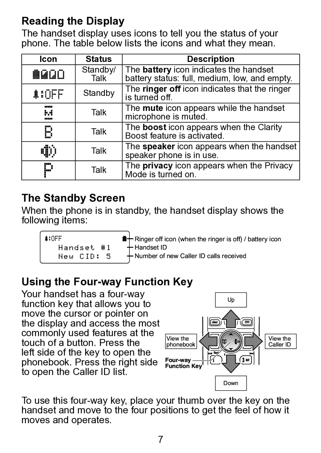 Uniden TCX930 manual Reading the Display, Standby Screen, Using the Four-way Function Key 