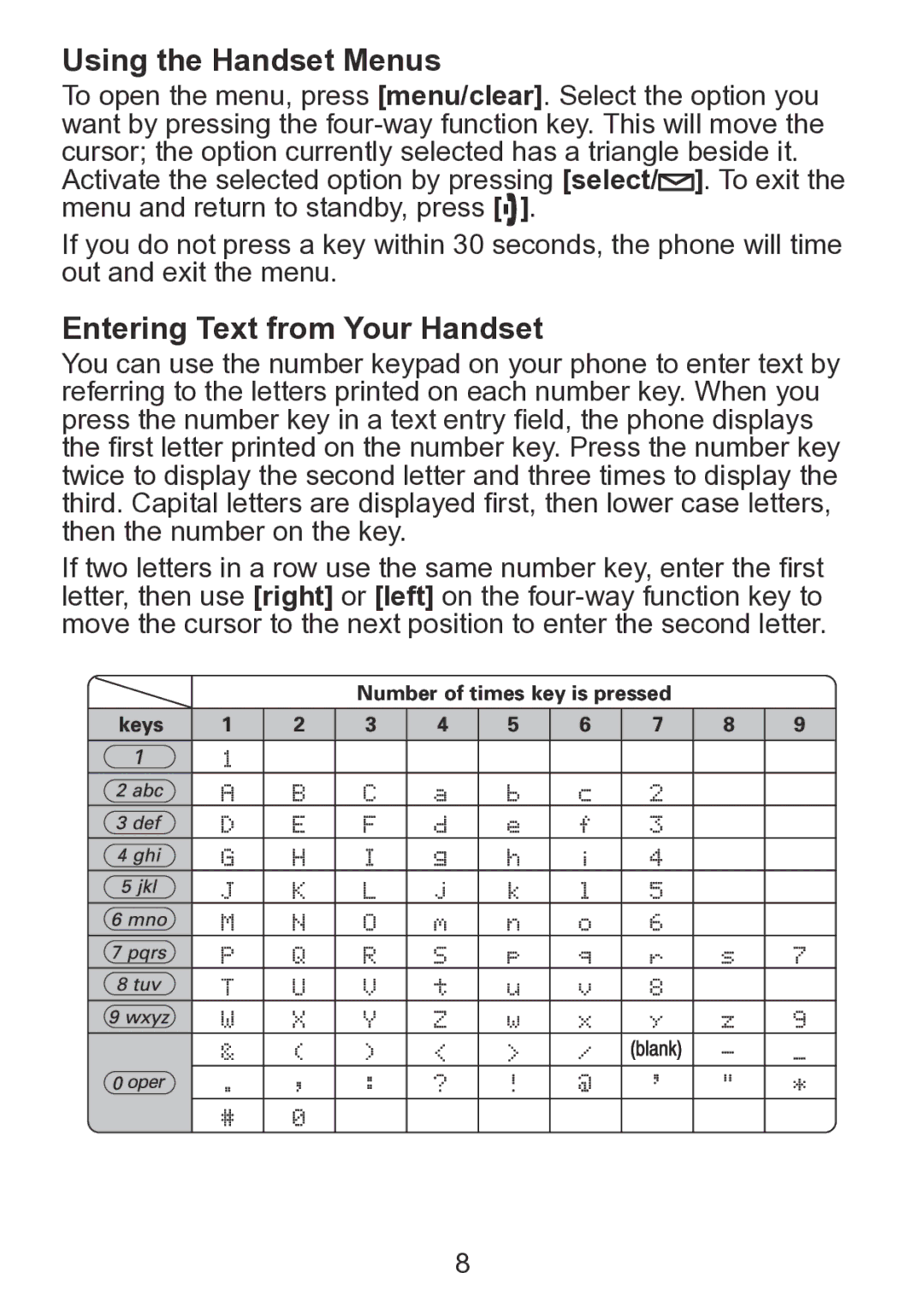 Uniden TCX930 manual Using the Handset Menus, Entering Text from Your Handset 