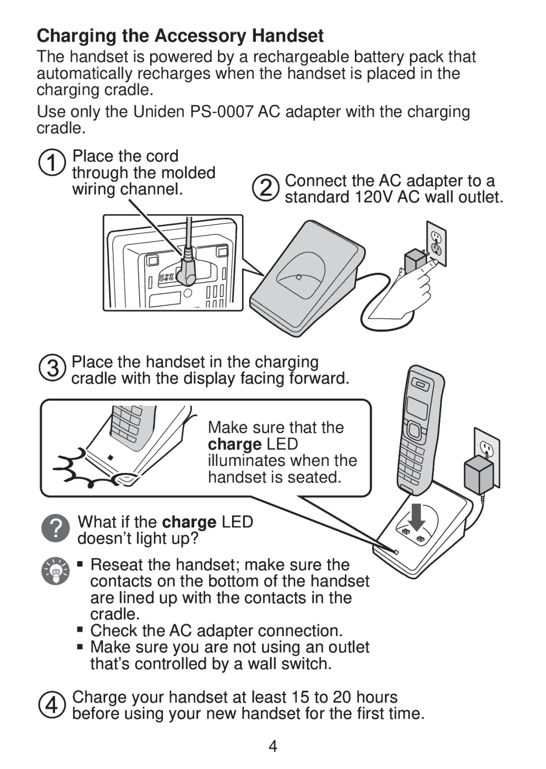 Uniden TCX950 manual Charging the Accessory Handset, Charge LED 